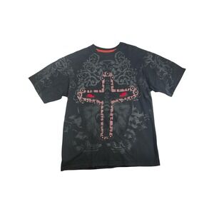 Red Ape Attitude Mens Large Black Graphic T-Shirt Y2K Cross Studded Print